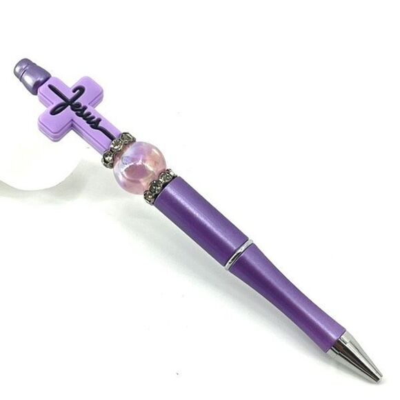 Jesus cross Christ Christian handmade pen NEW beads rhinestone bling lavender pu - Picture 3 of 6